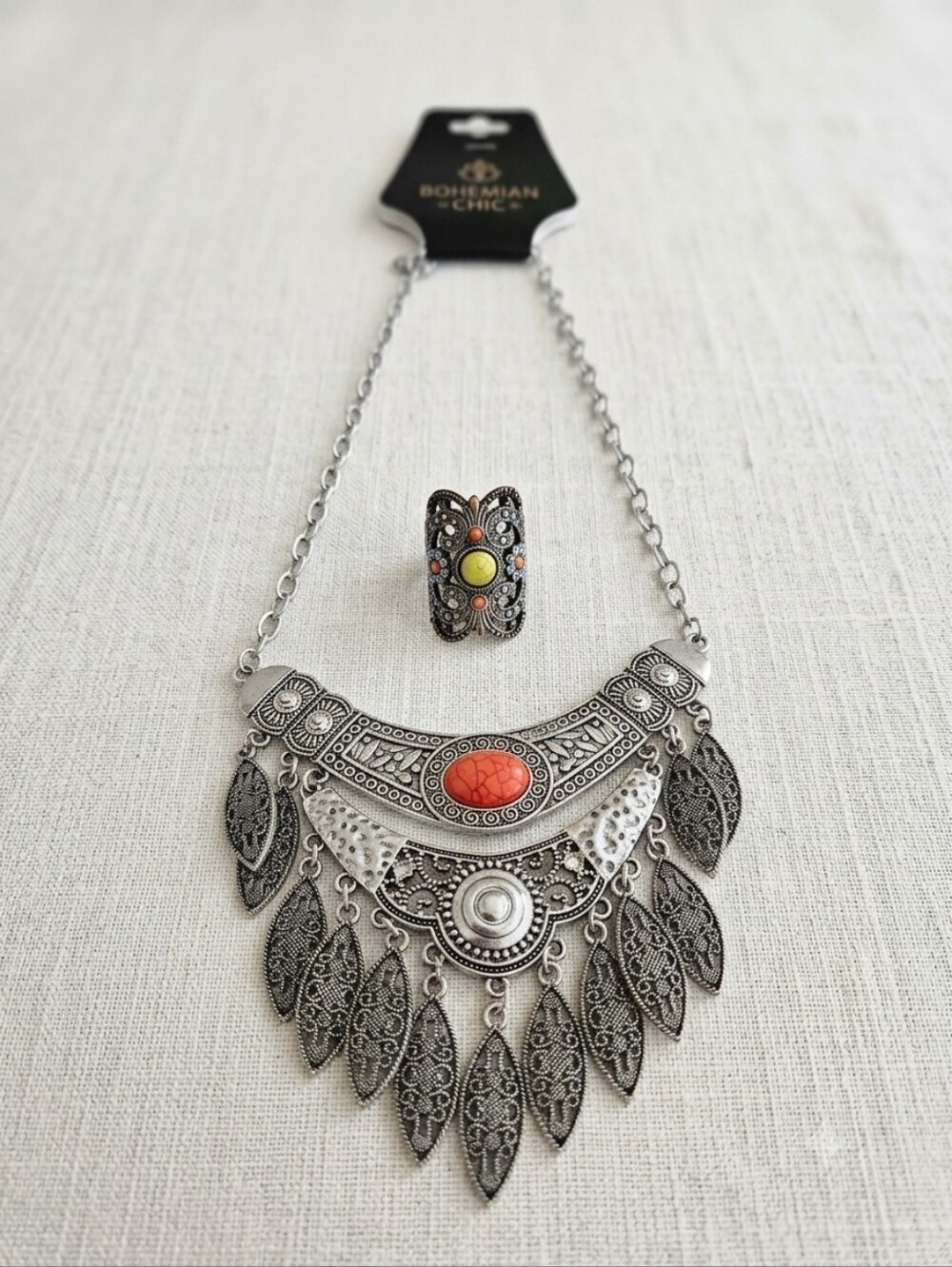 Silver-Tone Statement Necklace with Coral Accent And Matching Ring, Ring Size 8